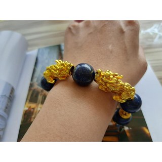 靛藍青金石 老種帶金《招財黃金貔貅》手圍18cm 女生手珠 男生手鍊
