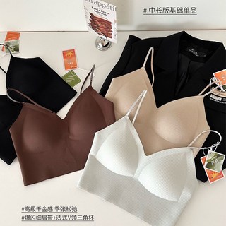 秋季法式辣妹V領自帶胸墊鑽石細肩帶美背心性感小吊帶打底內衣女