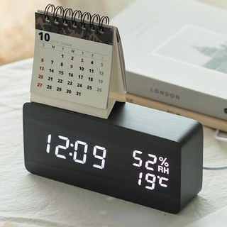 플라이토 우드 온습도 LED 탁상시계 온도 습도 날자 알람시계+USB아답터, 블랙