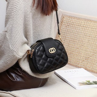 真皮菱格紋斜背包 牛皮單肩小方包, 極夜黑