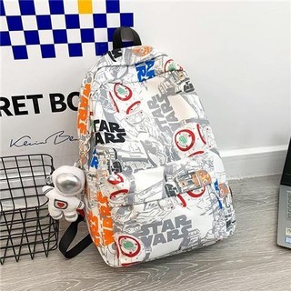 新款2025男女學生書包 初中生學校元簡約大容量潮流高顔值高中背包, 2099橘配白+銀頭棉服太空人掛件】