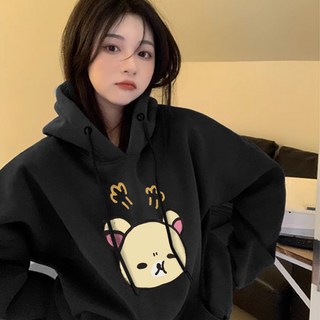 FONOW 남녀공용 오버핏 심플 삐친 곰 프린팅 맨투맨 긴팔 티셔츠 후드티