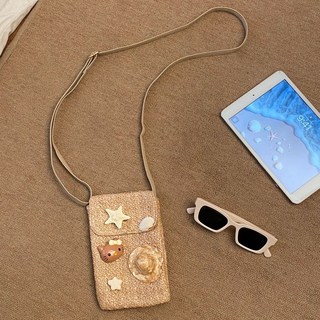 桃園出貨ing 夏威夷度假風草編包新款編織手機包，夏日海星貝殼斜挎小拎包，精緻草編設計，展現海灘度假風情, 海星貓咪