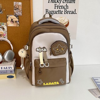 書包女生小學生三到六年級減負護脊超輕便大容量初中生雙肩包新款, 卡其色+白鞋精靈