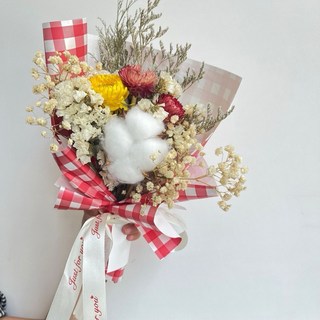 台灣現貨 迷你小花束 含禮袋 乾燥花 香皂花 康乃馨玫瑰 母親節教師節禮物 婚禮伴手禮 交換禮 畢業禮物, 紅格紋, 1個