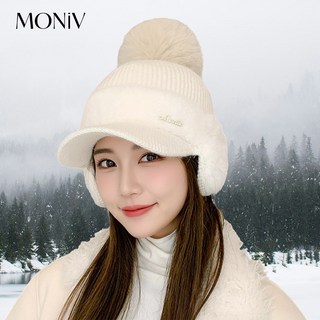 모니브 여성 겨울 골프모자 귀달이 토끼털 방한 니트, 화이트, 1개