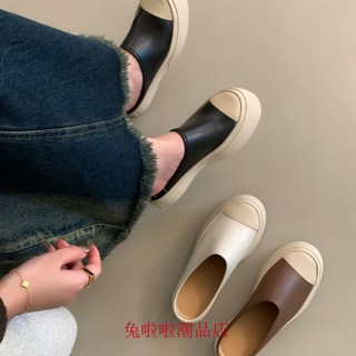 真皮大頭鞋女生厚底包頭懶人鞋厚底鞋 穆勒鞋 餅乾鞋 休閒鞋休閒時尚一腳蹬穆勒鞋 前包後空厚底鞋增高鞋 老爹鞋