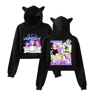 獵魔女團KPop Demon Hunters新款動漫卡通周邊印花時尚女裝貓耳朵連帽短款衛衣, 1個, 黑色3