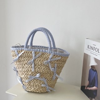 蝴蝶結草編手提包 - 法式夏日度假風沙灘包