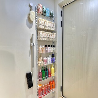 多層可調節浴室收納置物架 免打孔壁掛門後設計 加高護欄加寬網籃 白色, 1個, 【經典黑】-免打孔-可拆卸加高護欄,3層-中號【三個筐+1杆】可調節-現貨