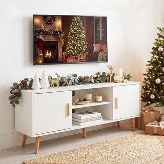 KOTTII 모던 나무 TV다이 거실용 수납장 도어 2개 포함, 화이트