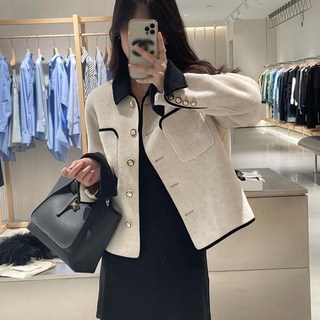 TIMEPURE 가을 겨울 여성 숏 코트 빈티지 루즈핏 소매 단추 장식 폴로 칼라 오피스 데일리 캐주얼 겸 프리미엄 자켓 포켓 디자인