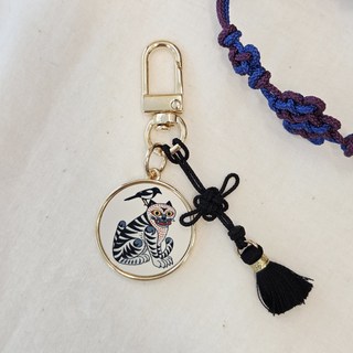 호작도 호랑이와 까치 전통 매듭 키링 금장식 양면키링, 1개, 골드