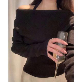 綁帶平口上衣 一字領上衣 露肩上衣 性感長袖上衣 - 韓國代購, 黑