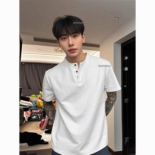 熱款 白色亨利領短袖男夏季華夫格重磅正肩t恤美式運動polo衫