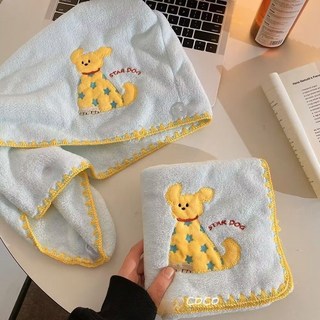 可愛小狗造型珊瑚絨速乾乾髮帽, 藍色小黃狗【幹發帽+毛巾】兩件套, 1個