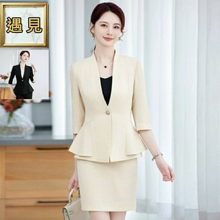 遇見 七分袖 韓版 時尚女職業西裝套裝 工作面試服 OL上班族 2色-有加大尺寸8517