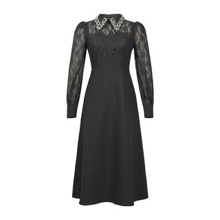 【重工鑲鑽】連衣裙 宴會裙 晚禮服 氣質連衣裙 收腰連衣裙 蕾絲拼接 娃娃領 大裙襬 中長款 宴會派對 婚禮敬酒服, 黑色