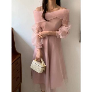 浪漫裸紗露肩長洋裝 - 聖誕節/婚禮適用 粉紅色法式一字領韓國洋裝, 米,F