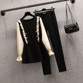 大尺碼兩件式套裝 大碼女裝顯瘦襯衫小腳褲套裝 (M-4XL)