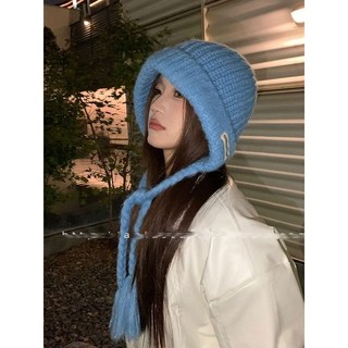 韓國藍色巴拉克拉法帽冬季護耳針織毛線帽子女冬飛行帽保暖雷鋒帽
