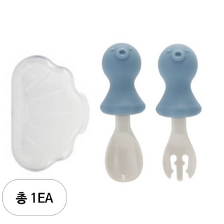 에디슨 자기주도 실리콘 스푼 포크 케이스 세트 아기 문어, 블루, 스푼 + 포크 + 케이스, 1세트