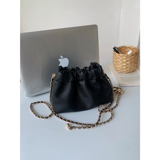小廢包 鍊條包 水餃包 質感純色小包 小眾款 側背包 抓皺單肩包 鏈條斜背包 雲朵包, 黑色