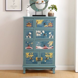 복고풍 나비장 서랍장 빈티지 엔틱 가구 수납 왕실 원목 인테리어 문갑 약장 장식장 수납장, 60cm 너비 그린 3층