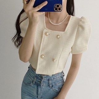 雪莉小姐服飾 氣質小香風織紋珍珠釦短版上衣, 白