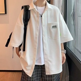 重磅華夫格短袖襯衫男夏季高級感港風男痞帥休閒百搭五分袖襯衣男