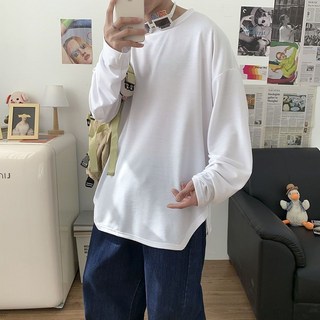 港風ins流行春秋新款純色上衣開叉慵懶時尚潮流T恤男帥氣氣質潮牌