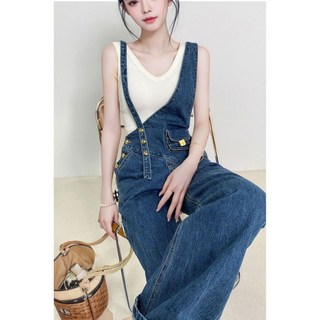 法式不對稱設計感牛仔揹帶褲女氣質減齡顯瘦連體褲高腰小個子直筒