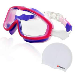 하이라라 어린이 와이드 빅렌즈 물안경 수경 + 수영모 세트, 핑크+보라+화이트, 1개