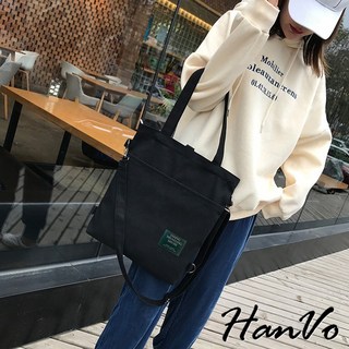 HanVo 文藝多背款簡約帆布包 百搭實用大容量單肩包 上課上班 女生配件 C05-1093, 黑色