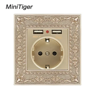Minitiger 아연 합금 하이 엔드 레트로 패널 16A EU 표준 전원 벽 소켓 듀얼 USB 포트 양각, 02 USB Gold Socket