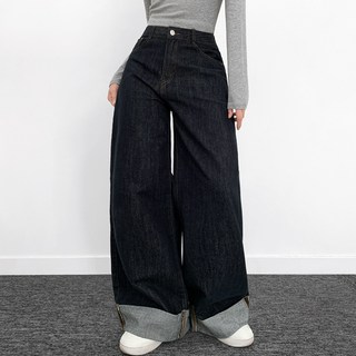 티데일리 여성용 에센셜 논페이드 롤업 스티치 데님 와이드 팬츠