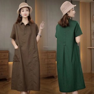 여름 반팔 셔츠형 원피스 루즈핏 A라인 부드러운 롱 원피스 순면 카라넥 여성치마 데일리룩