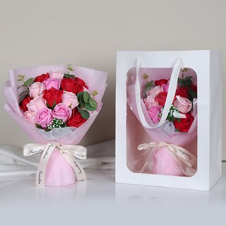 플로잉 장미 비누꽃+쇼핑백 15송이 꽃다발, Red & Pink+쇼핑백, 1개