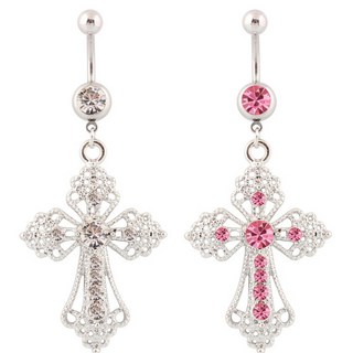 F3 大十字架十字架吊墜肚臍環 醫用鋼粗針肚臍釘 肚臍扣 人體穿刺飾品, 1個, 現貨--粉色