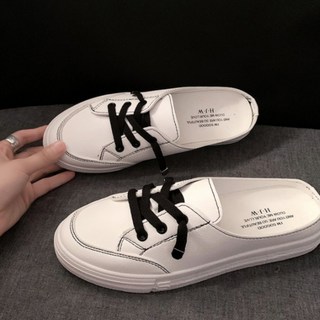 올화이트 블랙스티치 포인트 스니커즈 뮬 (여성용) 가을 캐주얼 뮬슬리퍼