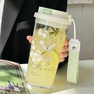 鈴蘭大容量新款水杯女生高顏值吸管隨行輕奢便攜杯子, 鈴蘭白紅600ML食品級,杯子+提繩+杯刷吸管刷, 1個