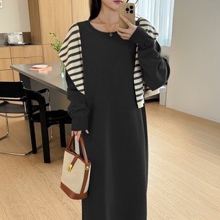 데일리앤 유츠 부드러운 라운드넥 긴팔 롱 니트 원피스 봄 데일리룩