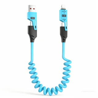 4合1彈簧傳輸線 65W USB-A to Lightning/Type-C, 藍色, 1個, 100cm