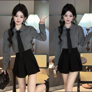 搭】臺灣發貨減齡搭配一整套秋季裝時尚翻領長袖襯衫高腰百褶半身裙韓係兩件套氣質 顯瘦 洋氣 BW1031