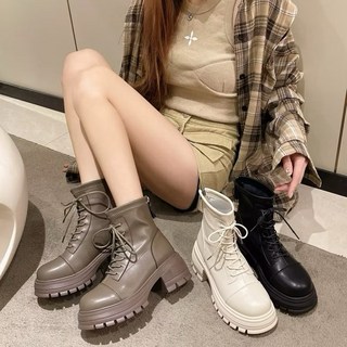 SAINT LAURENT 厚底綁帶馬丁靴 皮革短靴 後拉鍊設計