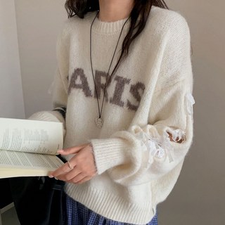 cammello 레이스 소매 트임 레터링 니트 티셔츠 긴팔 스웨터 니트티