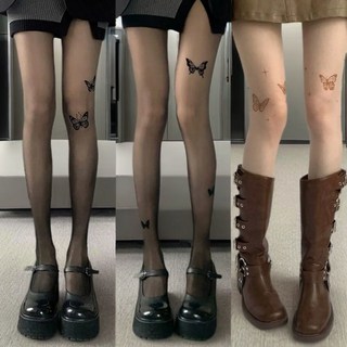 蝴蝶印花黑絲純欲裸感黑色絲襪薄款夏天防勾絲性感超薄款連褲襪女Doly