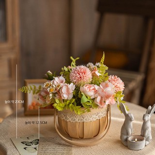 짚 라탄 바구니 수제 꽃바구니 인테리어 장식용 조화 포함 진열 소품, 1개, 핑크 자수 무당꽃 바구니