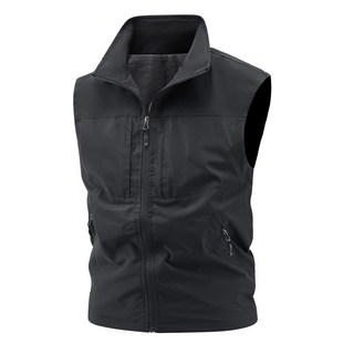 男士休閒立領多口袋釣魚背心馬甲 - 戶外坎肩, 黑色