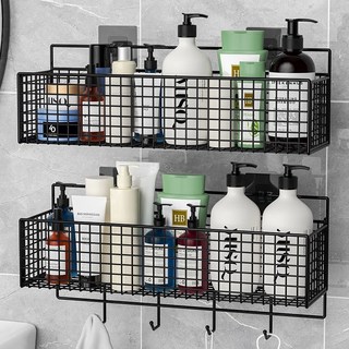 浴室壁掛置物架 免打孔收納架 適用於洗手台與廁所用品, 1個, 【2個裝】黑色大號+配1排鉤+強力貼